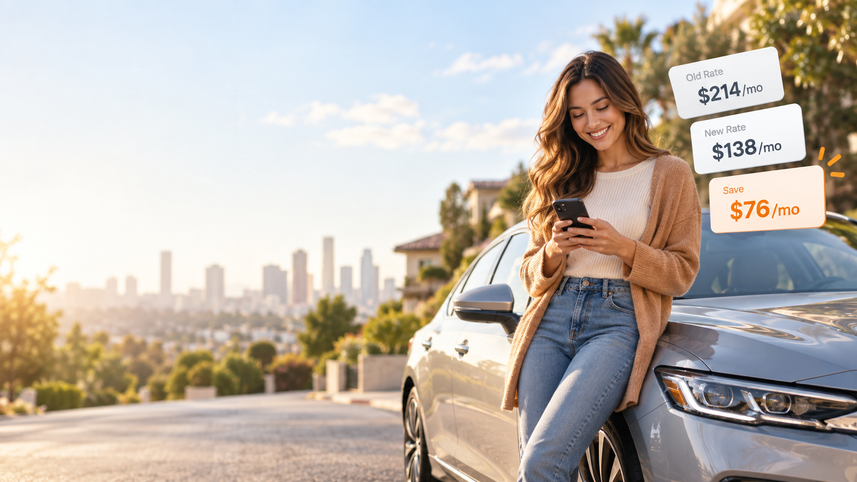 Woman leaning on her car reviewing options on a smartphone